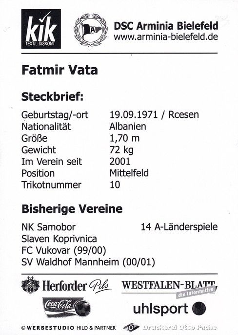 Autogramm Fussball | DSC Arminia Bielefeld | 2002 | Fatmir VATA