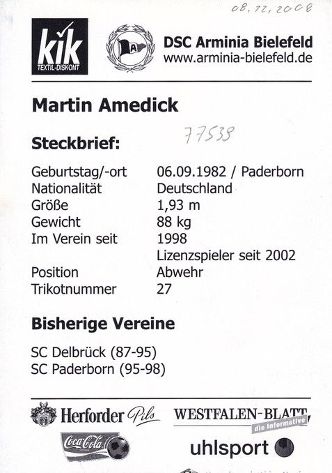 Autogramm Fussball | DSC Arminia Bielefeld | 2002 | Martin AMEDICK