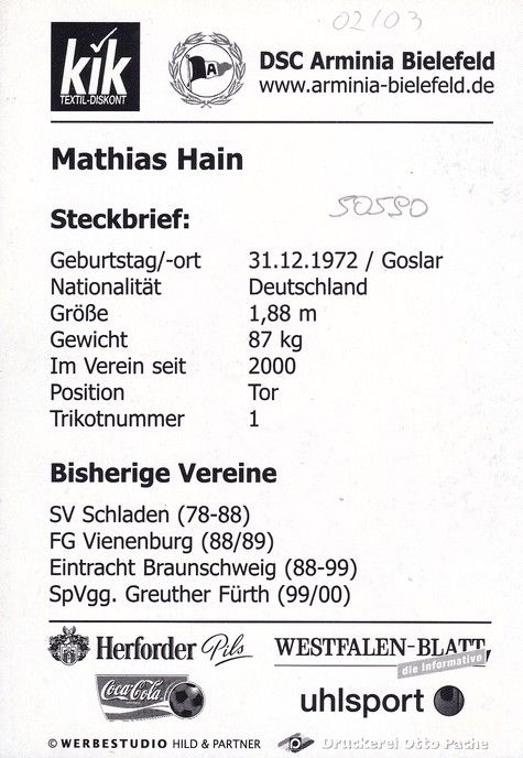 Autogramm Fussball | DSC Arminia Bielefeld | 2002 | Mathias HAIN