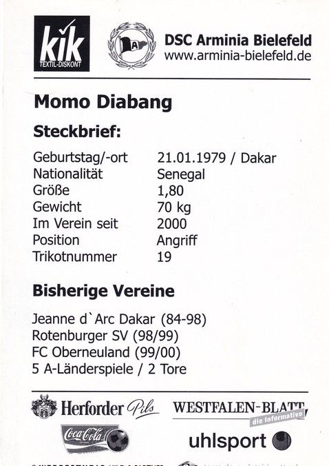 Autogramm Fussball | DSC Arminia Bielefeld | 2002 | Momo DIABANG