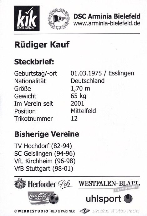Autogramm Fussball | DSC Arminia Bielefeld | 2002 | Rüdiger KAUF