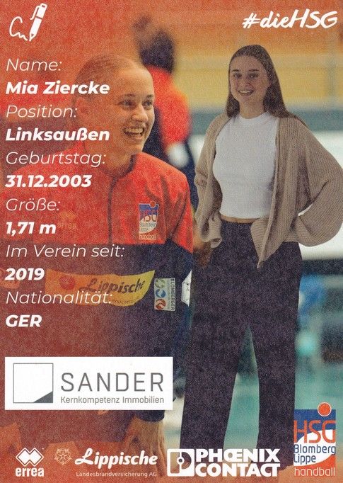 Autogramm Handball (D) | HSG Blomberg-Lippe | 2022 | Mia ZIERCKE