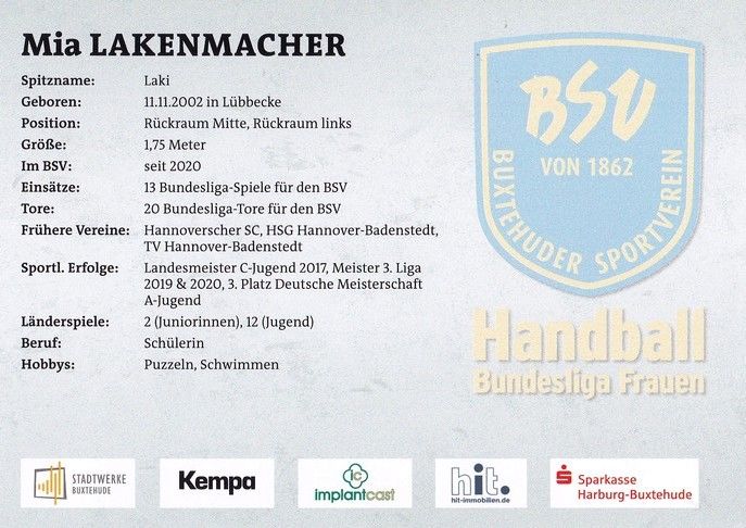 Autogramm Handball (D) | BSV Buxtehude | 2020 | Mia LAKENMACHER