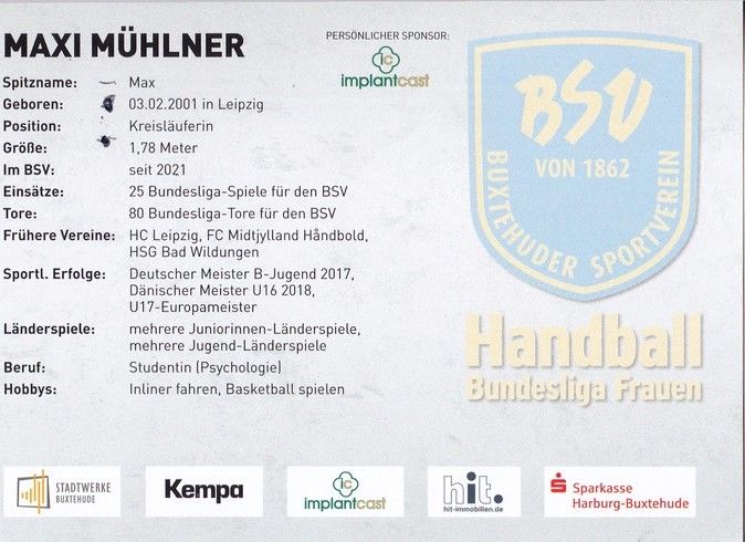 Autogramm Handball (D) | BSV Buxtehude | 2022 | Maxi MÜHLNER