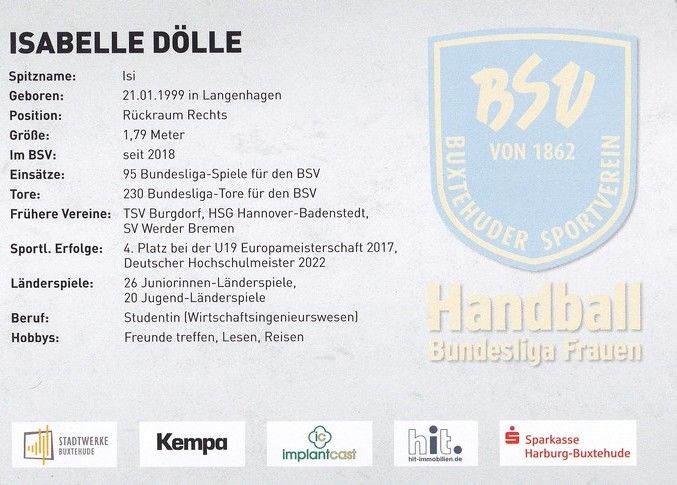 Autogramm Handball (D) | BSV Buxtehude | 2022 | Isabelle DÖLLE