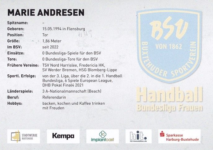Autogramm Handball (D) | BSV Buxtehude | 2022 | Marie ANDRESEN