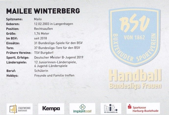 Autogramm Handball (D) | BSV Buxtehude | 2022 | Mailee WINTERBERG