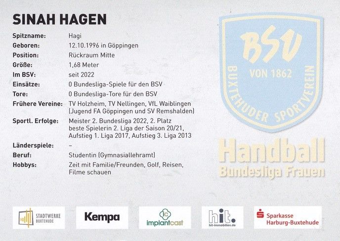 Autogramm Handball (D) | BSV Buxtehude | 2022 | Sinah HAGEN