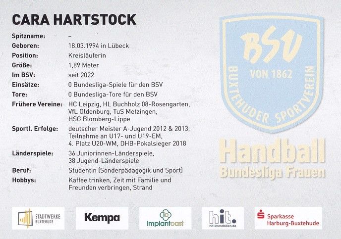 Autogramm Handball (D) | BSV Buxtehude | 2022 | Cara HARTSTOCK