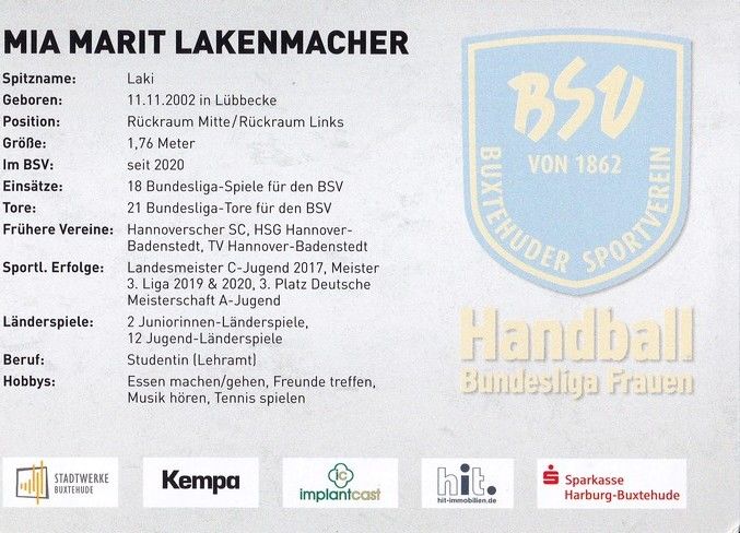 Autogramm Handball (D) | BSV Buxtehude | 2022 | Mia LAKENMACHER 
