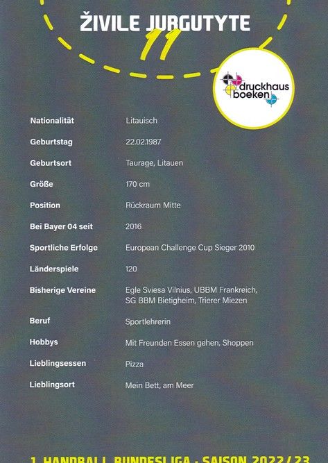 Autogramm Handball (D) | Bayer Leverkusen | 2022 | Zivile JURGUTYTE