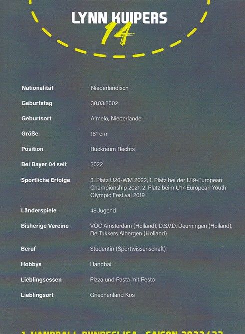 Autogramm Handball (D) | Bayer Leverkusen | 2022 | Lynn KUIPERS