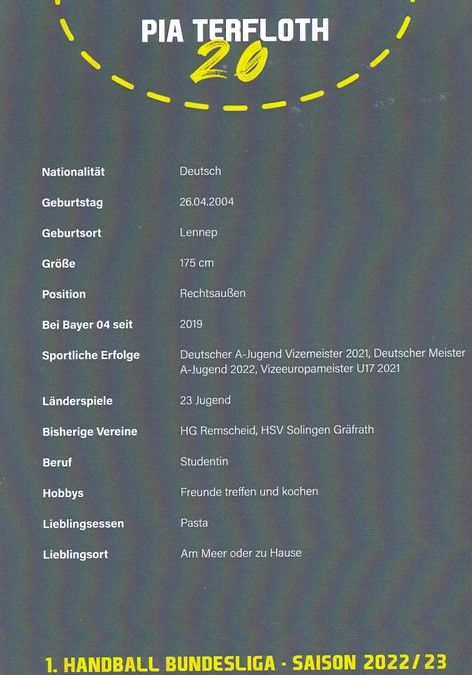 Autogramm Handball (D) | Bayer Leverkusen | 2022 | Pia TERFLOTH