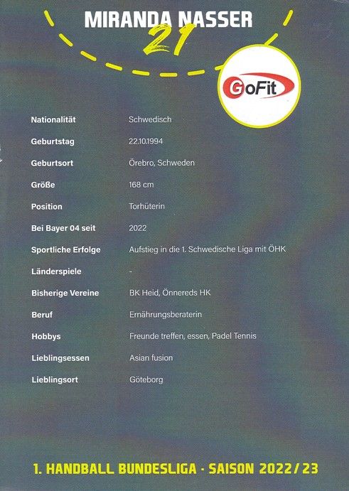 Autogramm Handball (D) | Bayer Leverkusen | 2022 | Miranda NASSER