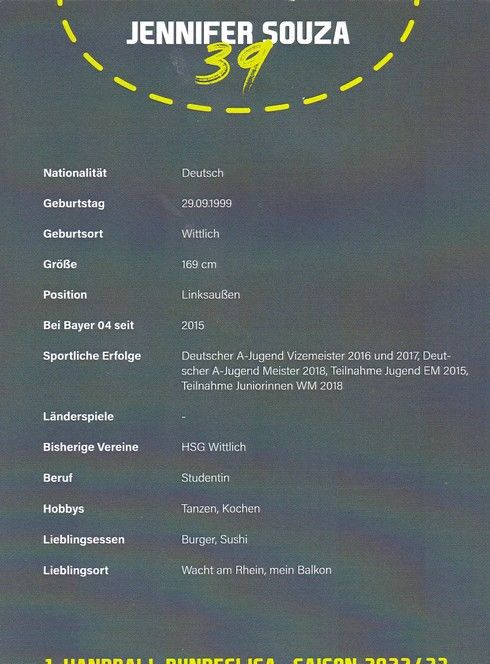 Autogramm Handball (D) | Bayer Leverkusen | 2022 | Jennifer SOUZA