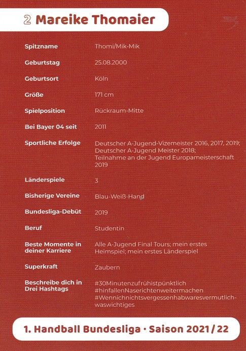Autogramm Handball (D) | Bayer Leverkusen | 2021 | Mareike THOMAIER