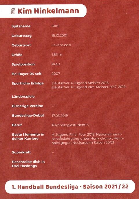 Autogramm Handball (D) | Bayer Leverkusen | 2021 | Kim HINKELMANN
