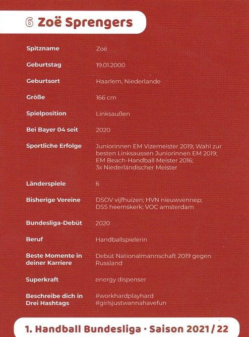 Autogramm Handball (D) | Bayer Leverkusen | 2021 | Zoe SPRENGERS