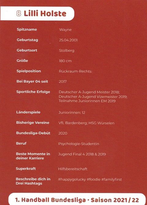 Autogramm Handball (D) | Bayer Leverkusen | 2021 | Lilli HOLSTE