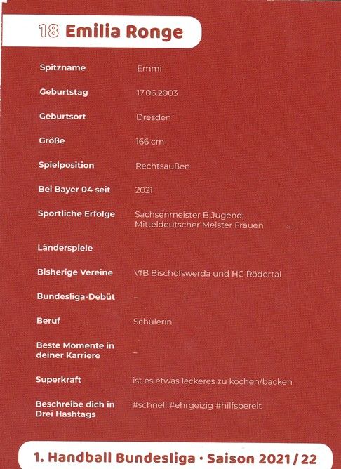 Autogramm Handball (D) | Bayer Leverkusen | 2021 | Emilia RONGE