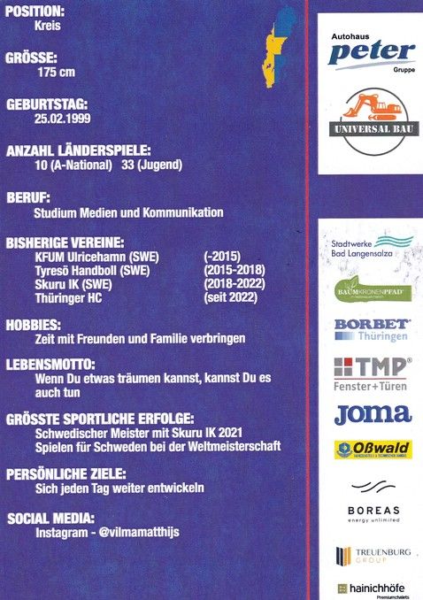 Autogramm Handball (D) | Thüringer HC | 2022 | Vilma Matthijs HOLMBERG