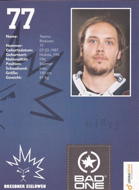 Autogramm Eishockey | Dresdner Eislöwen | 2016 | Teemu RINKINEN