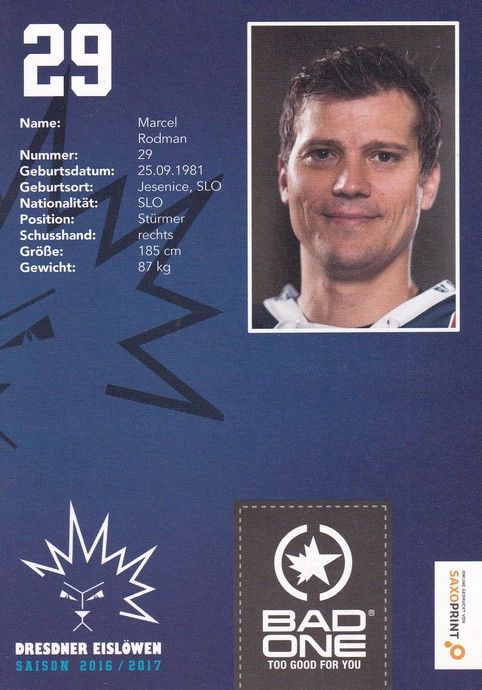 Autogramm Eishockey | Dresdner Eislöwen | 2016 | Marcel RODMAN