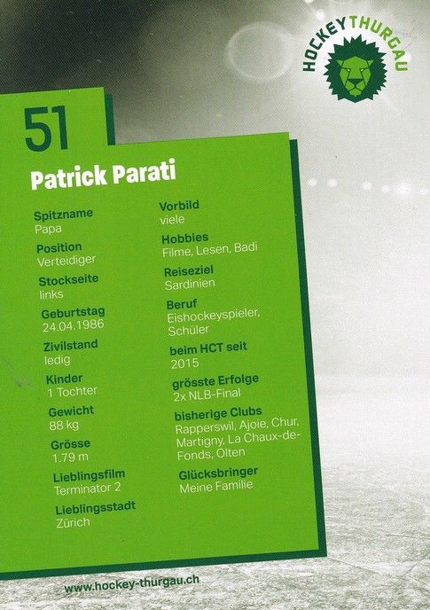 Autogramm Eishockey | Hockey Thurgau | 2016 | Patrick PARATI
