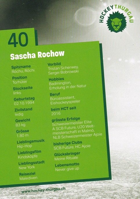 Autogramm Eishockey | Hockey Thurgau | 2016 | Sascha ROCHOW