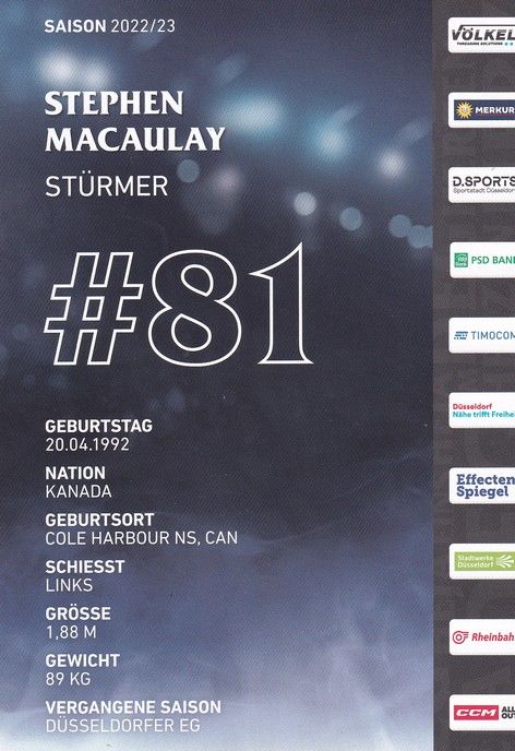 Autogramm Eishockey | Düsseldorfer EG | 2022 | Stephaen MacAULAY