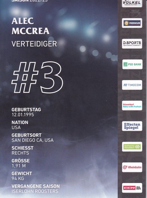 Autogramm Eishockey | Düsseldorfer EG | 2022 | Alec McCREA