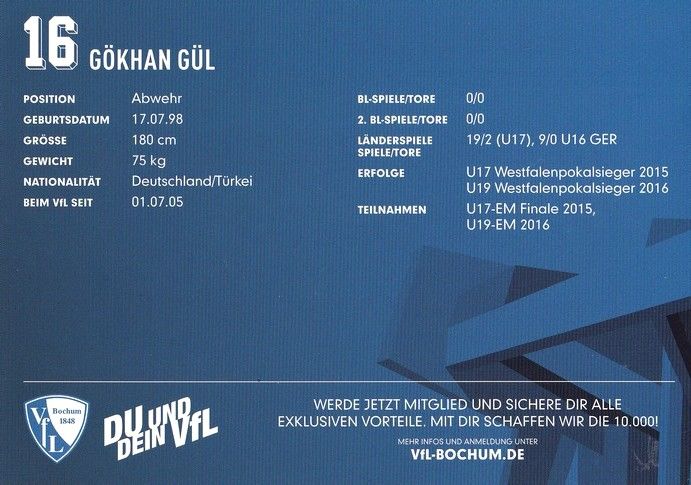 Autogramm Fussball | VfL Bochum | 2016 | Gökhan GÜL