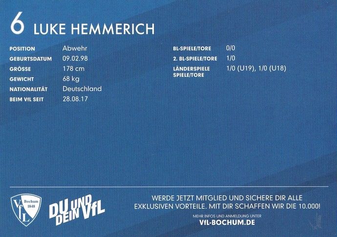 Autogramm Fussball | VfL Bochum | 2017 | Luke HEMMERICH