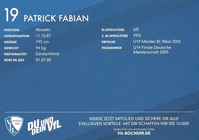 Autogramm Fussball | VfL Bochum | 2017 | Patrick FABIAN
