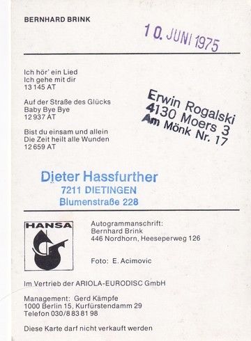 Autogramm Schlager | Bernhard BRINK | 1974 "Ich Hör Ein Lied" (Portrait SW Hansa)