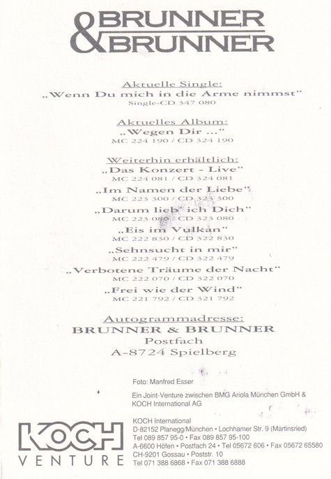 Autogramme Schlager | BRUNNER & BRUNNER | 1998 "Wenn Du Mich In Die Arme Nimmst" (Koch)