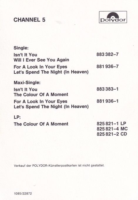 Autogramme Pop | CHANNEL 5 | 1985 "Colour Of A Moment" (Gruppenbild Color) Polydor