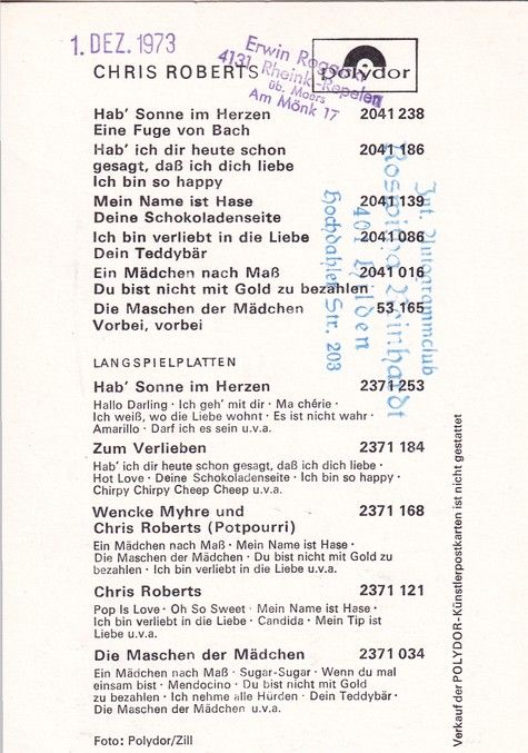 Autogramm Schlager | Chris ROBERTS | 1972 "Hab Sonne Im Herzen" (Portrait Color Polydor)