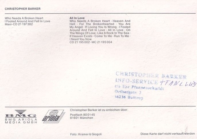 Autogramm Schauspieler | Christopher BARKER | 1994 "All In Love" (BMG Ariola)
