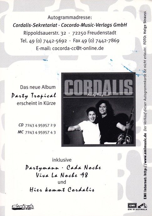 Autogramme Schlager | CORDALIS | 1998 "Party Tropical" (Duo-Bild Color EMI)