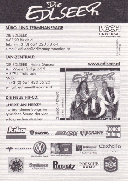 Autogramme Volksmusik | DIE EDLSEER | 2005 Druck "Herz An Herz" (Koch)