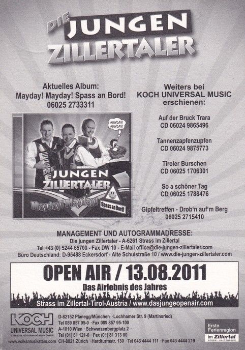 Autogramme Volksmusik | DIE JUNGEN ZILLERTALER | 2010 "Mayday" (Koch)
