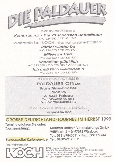 Autogramme Volksmusik | DIE PALDAUER | 1999 "Komm Zu Mir" (Koch)