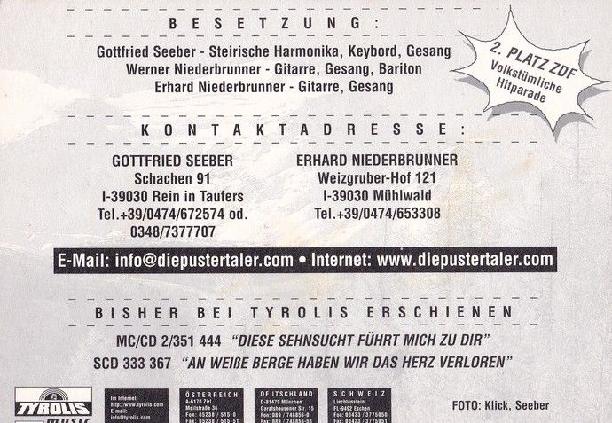 Autogramme Volksmusik | DIE PUSTERTALER | 2001 "Diese Sehnsucht" (Tyrolis)