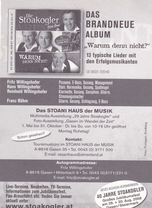 Autogramme Volksmusik | DIE STOAKOGLER | 2007 "Warum Denn Nicht" (Koch)