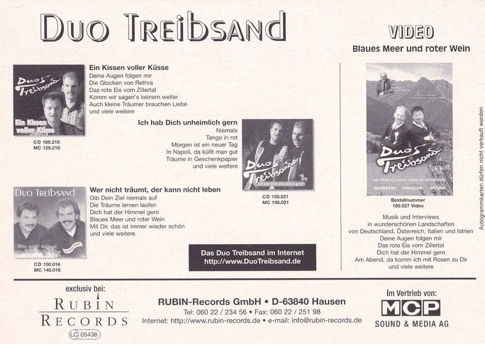 Autogramme Schlager | DUO TREIBSAND | 2000 "Ein Kissen Voller Küsse" (Rubin)