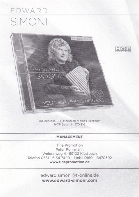 Autogramm Pan-Flöte | Edward SIMONI | 2014 "Melodien Meines Herzens" (Portrait Color MCP)