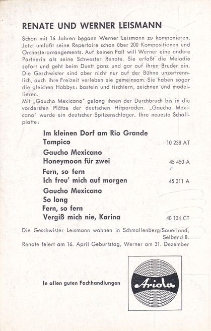 Autogramme Schlager | Renate + Werner LEISMANN | 1963 "Im Kleinen Dorf Am Rio Grande" (Ariola)