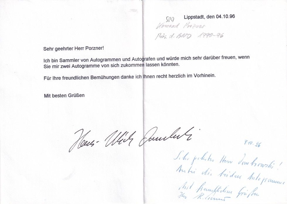 Autograph Politik | SPD | Konrad PORZNER (BND-Präsident) Brief