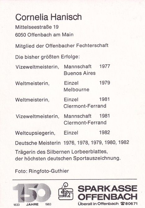 Autogramm Fechten | Cornelia HANISCH | 1983 (Portrait Color Sparkasse) OS-Gold